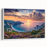 Vintage poster art of a scenic Greek landscape on framed canvas, featuring vibrant blue and white tones.
