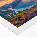 Art deco poster of a European Greek landscape in muted blues and whites on rolled canvas, suitable for dining room wall art.