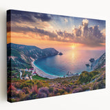 Large canvas print of a scenic Greek village with white buildings and blue doors, ideal for kitchen wall art.