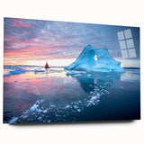 Large abstract wall art of a Greenland landscape in muted green and blue tones on acrylic glass.