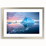 Extra large abstract art print of Greenland scenery in muted green tones, framed in silver, ideal for living room decor.