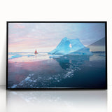 Large abstract wall art depicting a Greenland scenery in muted green and blue tones, framed in black acrylic.