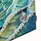 Large abstract wall art featuring a mid-century modernist European scenery in muted earth tones on acrylic glass.