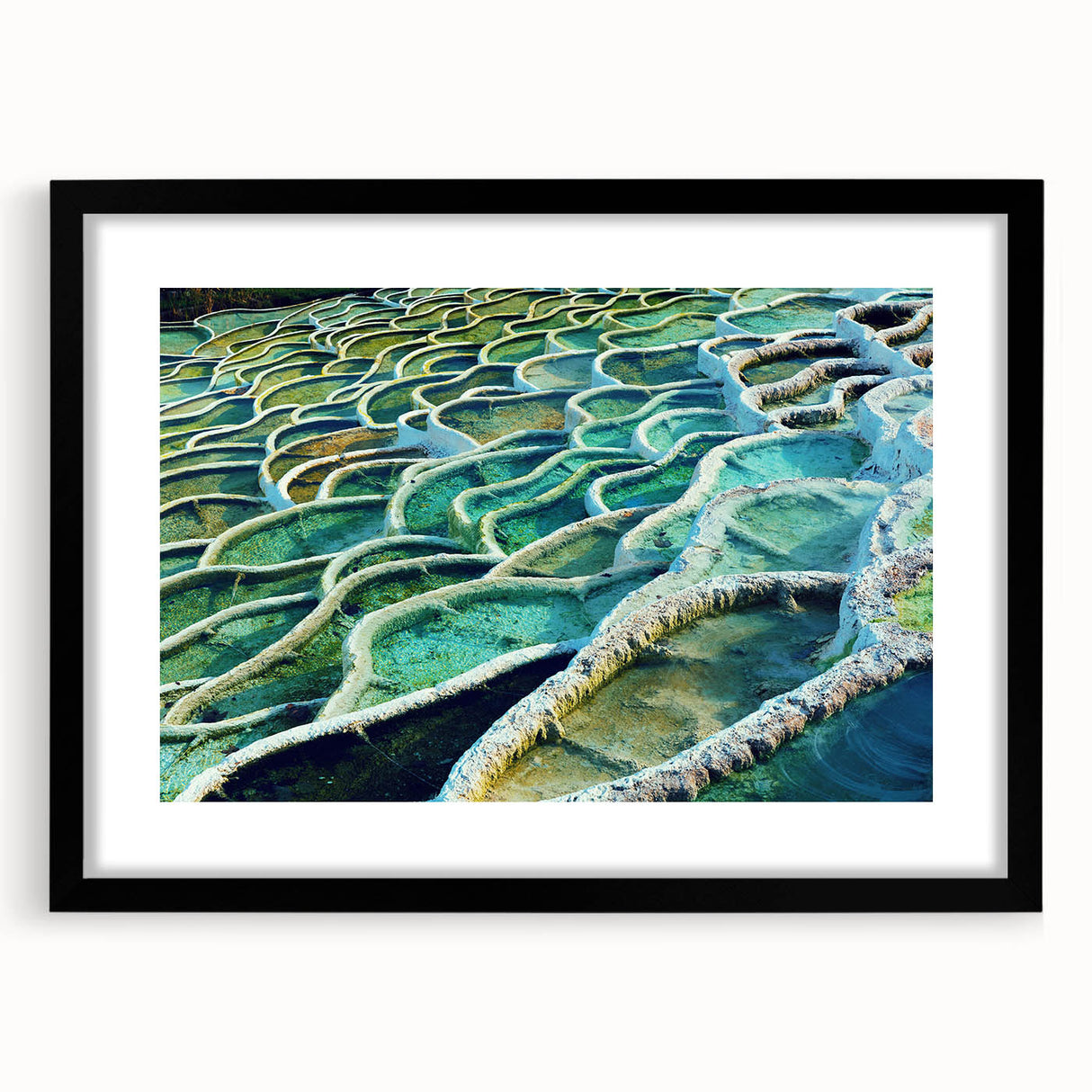 Extra large abstract art print of a colorful, textured European scenery on a black framed canvas.