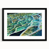 Extra large abstract art print of a colorful, textured European scenery on a black framed canvas.