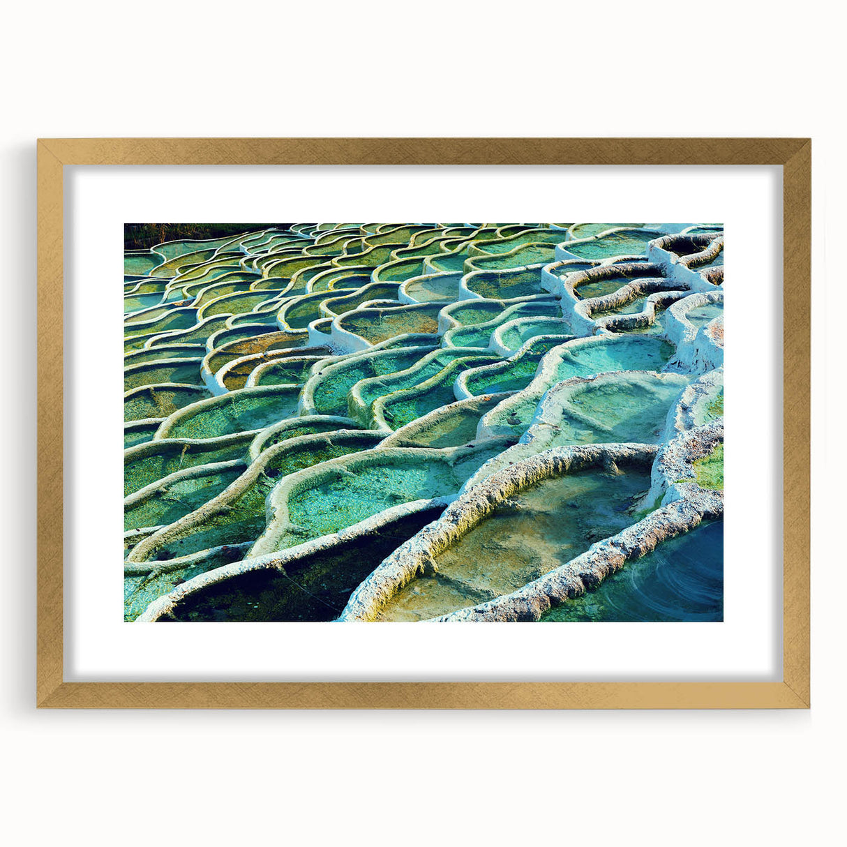 Abstract art print of a European cityscape in muted gray and gold tones, framed in gold, ideal for dining room decor.