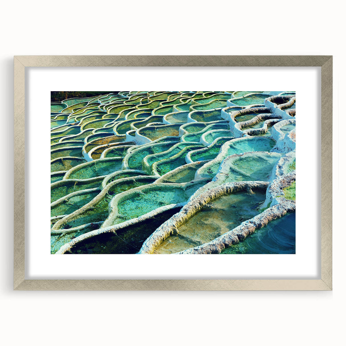 Extra large abstract art print featuring textured scenery of Hungary in muted earth tones, framed in silver.