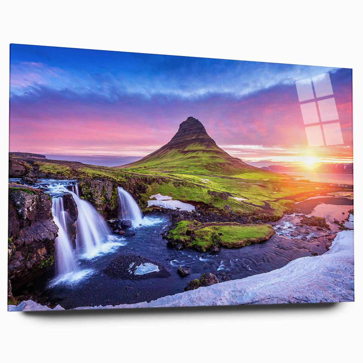 Large abstract wall art of an Icelandic landscape in muted blues and greens on acrylic glass.