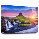 Large abstract wall art of an Icelandic landscape in muted blues and greens on acrylic glass.