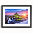 Abstract art print of a vibrant Icelandic landscape on a large, textured canvas, framed in black.