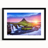 Abstract art print of a vibrant Icelandic landscape on a large, textured canvas, framed in black.