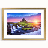 Abstract art print of a European scenery in Iceland, featuring muted earth tones on a framed gold mat.