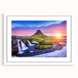 Textured abstract art print of a serene Icelandic landscape in muted blues and grays, framed with a white mat.
