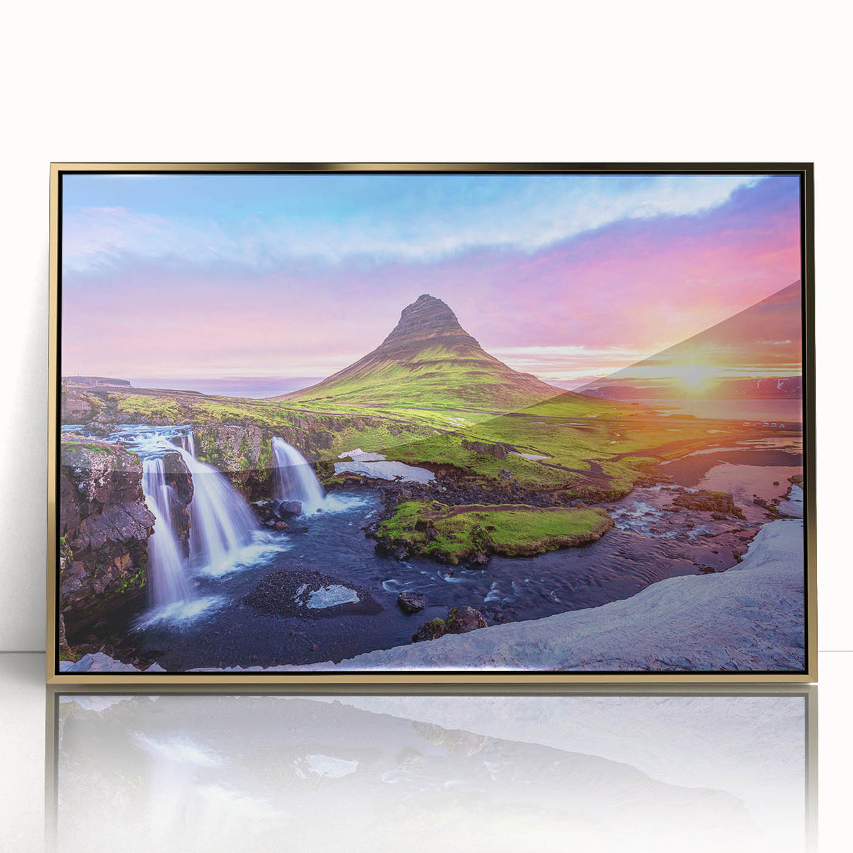 Art Deco style poster of Icelandic scenery in muted gold tones, acrylic print framed, suitable for modern art wall decor.