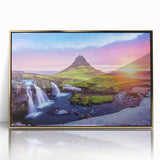 Art Deco style poster of Icelandic scenery in muted gold tones, acrylic print framed, suitable for modern art wall decor.