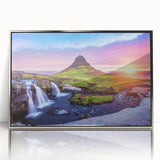 Framed acrylic print of a serene Icelandic landscape in muted gray and blue tones, ideal for modern art wall decor.