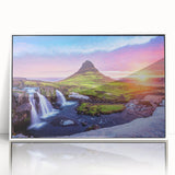 Mid-century modernist art depicting an Icelandic landscape on a framed acrylic, featuring muted earth tones.