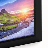 Black wall art featuring a textured Icelandic landscape on a framed canvas, with vibrant color details.