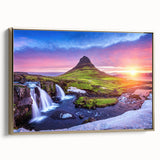 Framed canvas wall art depicting a serene Icelandic landscape, in muted gray tones, ideal for bedroom decor.