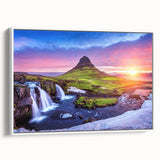 Vintage poster art of Iceland scenery on framed canvas with colorful art and black accents, ideal for living room decor.