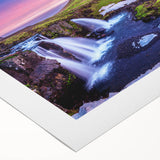 Art deco poster of a serene Iceland scenery in muted blue and green tones on rolled canvas, ideal for dining room decor.