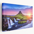 Large canvas print of an Icelandic landscape in muted green and blue tones, ideal for kitchen wall art.