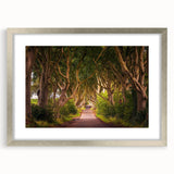 Extra large abstract art print of a textured Irish landscape in muted greens and blues, framed in silver.