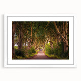 Textured abstract art print of an Irish landscape in muted green and blue tones, framed with a white mat.