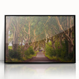 Large abstract wall art depicting a scenic Irish landscape in muted green tones, framed in black acrylic.