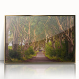 Art deco poster of a serene Irish landscape, muted green and gold tones, framed acrylic, ideal for modern nursery wall art.