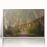 Mid-century modernist art depicting a serene Irish landscape in muted green and blue tones, framed acrylic.