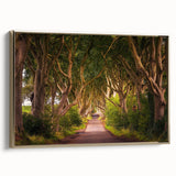 Framed canvas depicting a vintage-style Irish landscape in muted greens and golds, ideal for bedroom wall art.