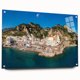 Acrylic print of the Amalfi Coast with vivid blue and terracotta colors, ideal for dining room decor.