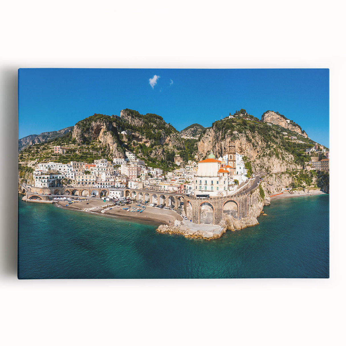Black and white stretched canvas depicting the Amalfi Coast, ideal for kitchen wall art or bedroom ambiance.