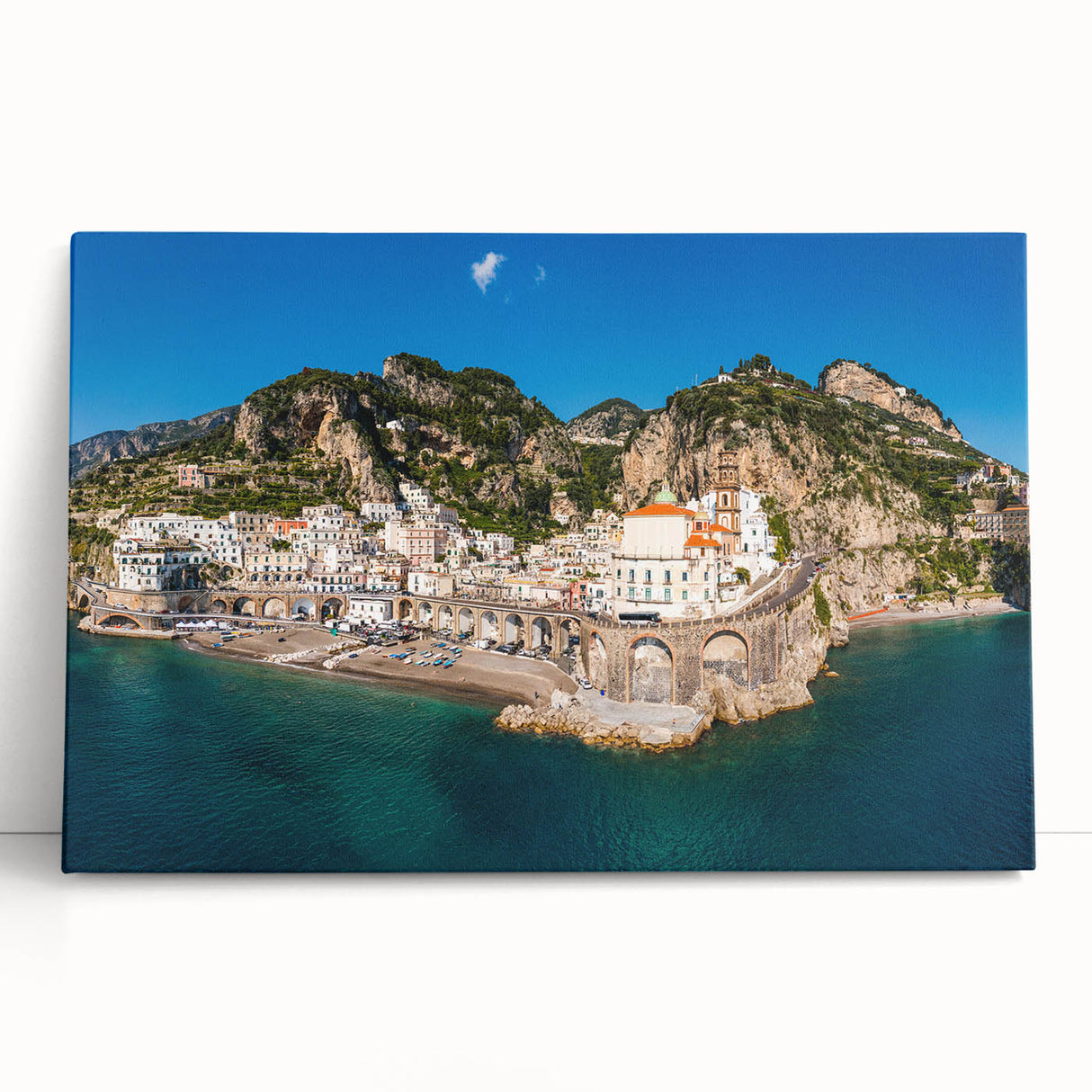 Black and white image of the Amalfi Coast on stretched canvas, ideal for kitchen wall art.