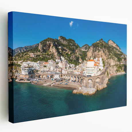Amalfi Coast scenery on large stretched canvas with vibrant blue and white tones, ideal for kitchen wall art.