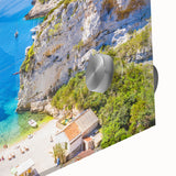 Large abstract depiction of Capri, Italy, in muted blue and green tones on acrylic glass, ideal for dining room art.