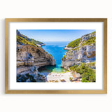 Abstract art print of Capri, Italy in muted blue and green tones on a framed canvas, ideal for dining room decor.