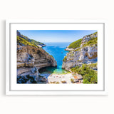 Textured art print of an abstract Capri, Italy seascape in muted blue and white tones, framed with a white mat.