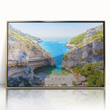 Art deco poster of Capri, Italy, in muted pastel shades on framed acrylic, suitable for modern art wall decor.