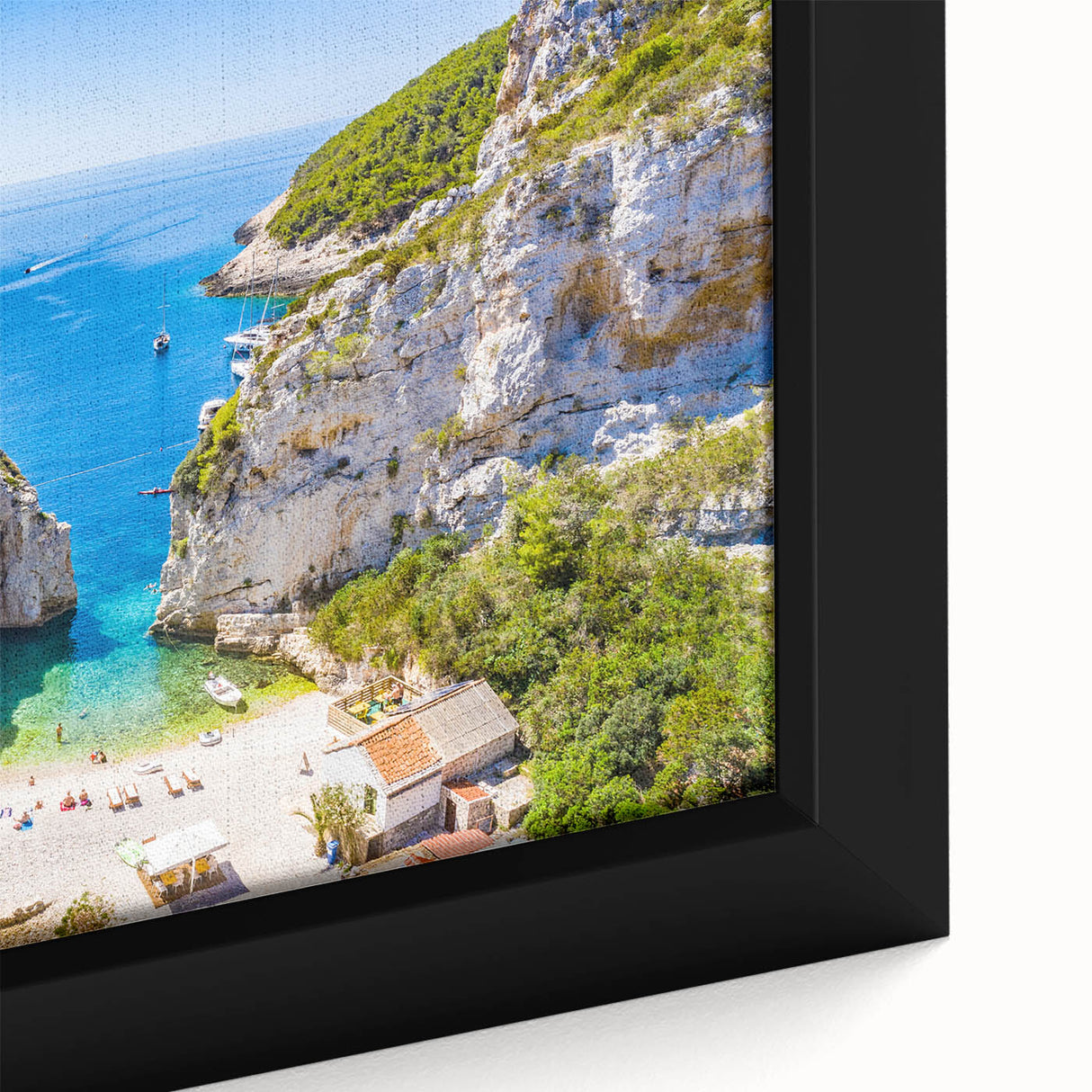 Black wall art featuring a textured scene of Capri, Italy, in vibrant colors on a framed canvas, ideal for living room decor.