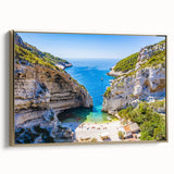 Framed canvas wall art of Capri landscape in muted gold and black tones, ideal for bedroom decor.