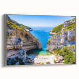 Framed canvas depicting a vintage-style landscape painting of Capri, Italy, with vibrant, colorful art on a black background.