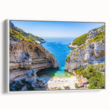 Vintage poster art of Capri, Italy, featuring colorful imagery on a large framed canvas, ideal for living room decor.