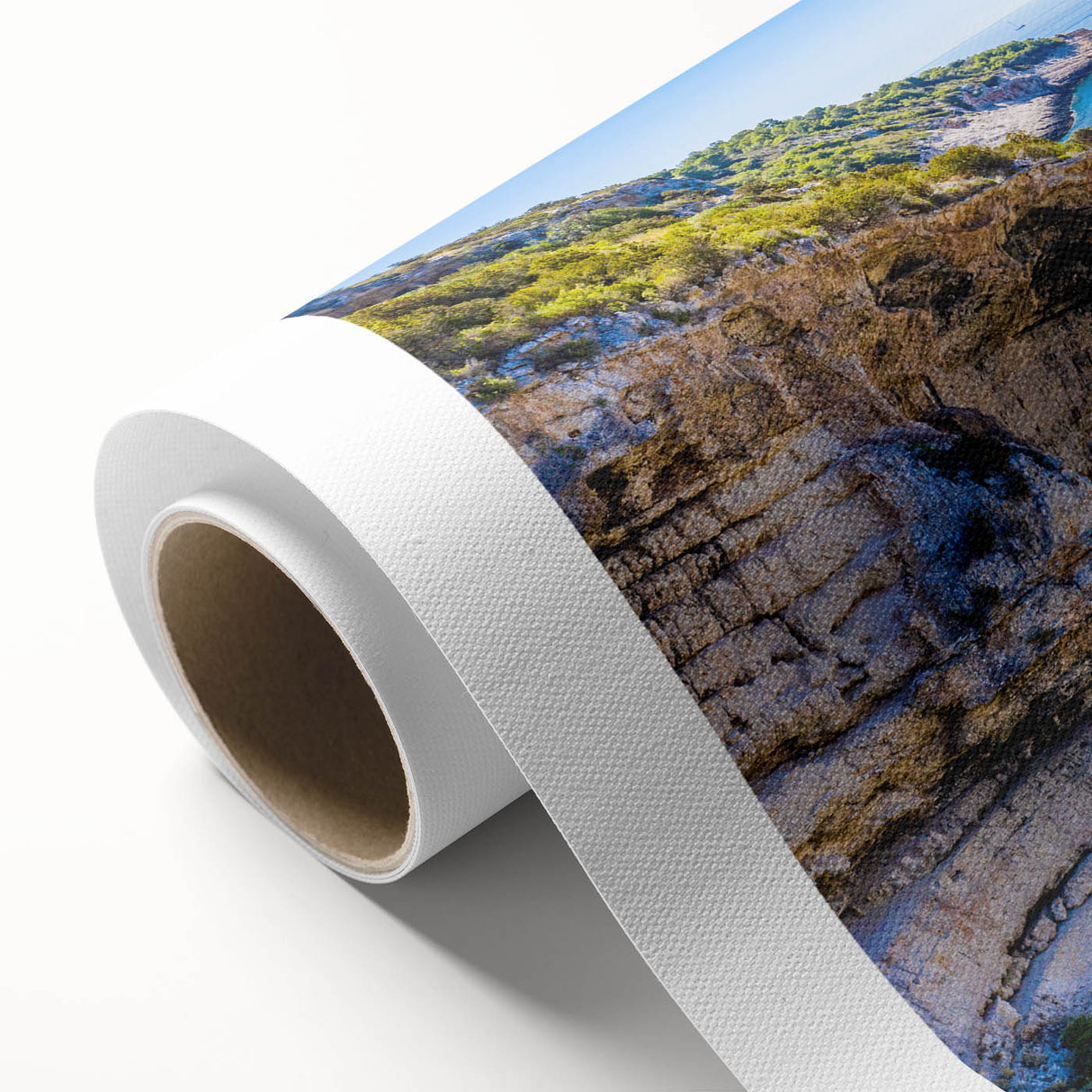 Art Deco style poster of Capri, Italy on rolled canvas with vibrant blue and white tones, ideal for nursery wall art.