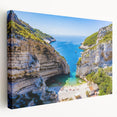 Scenic Capri coastal view on stretched canvas, featuring vivid blue sea and sky tones, ideal for kitchen wall art.