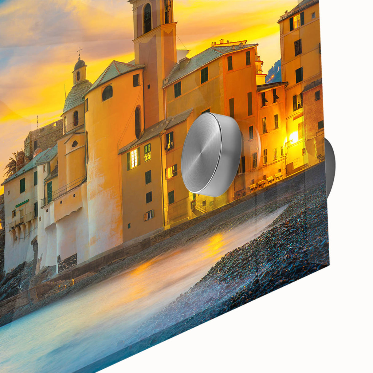 Acrylic print of Cinque Terre with vivid blue and terracotta tones.