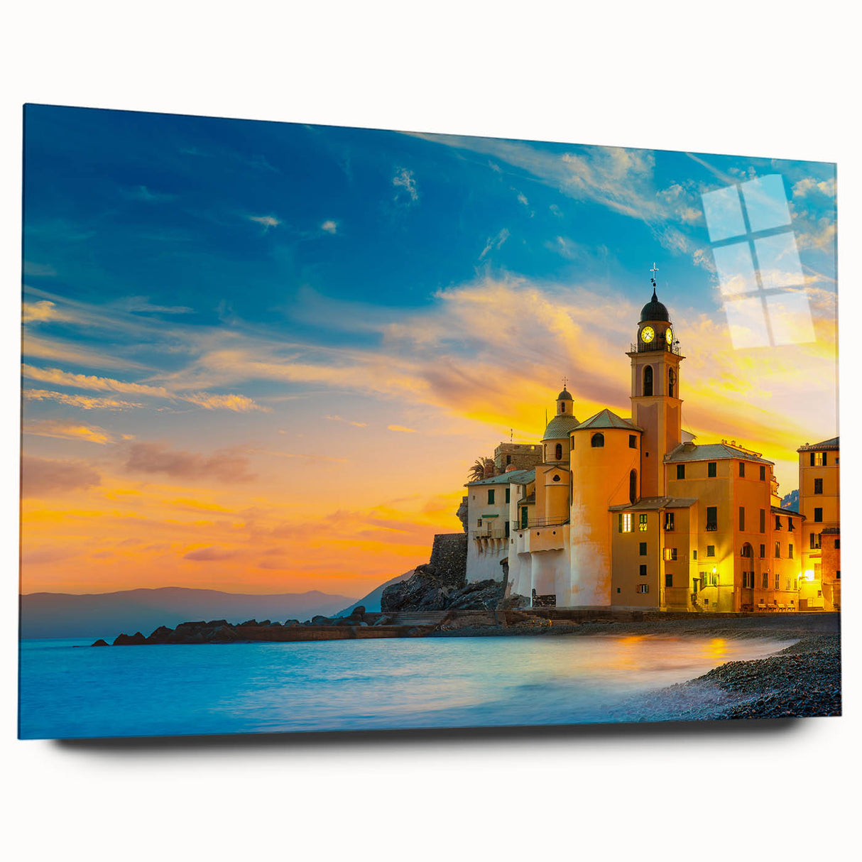 Acrylic print of Cinque Terre with vibrant coastal hues, ideal for bedroom or dining room art.