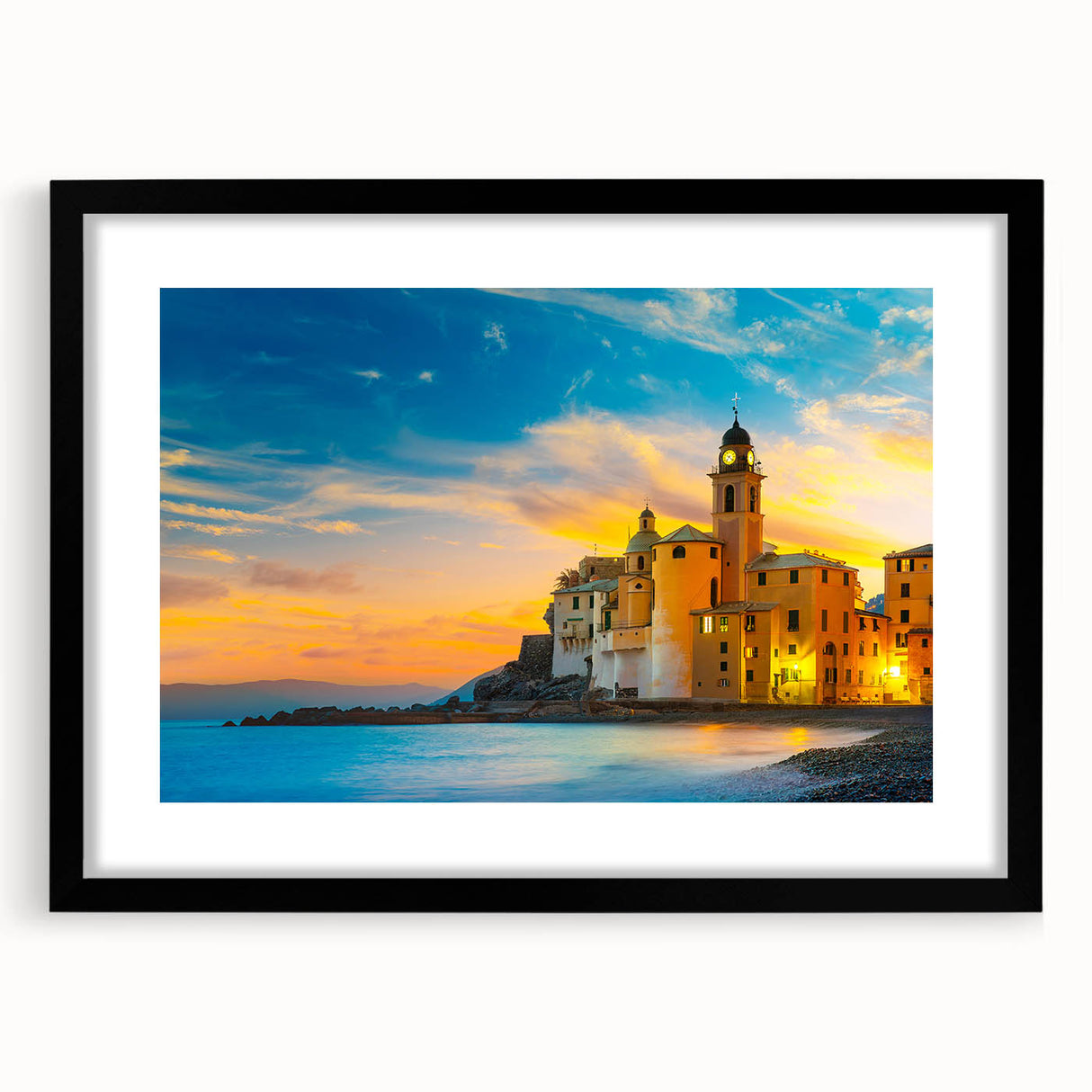 Colorful abstract art print of Cinque Terre with textured finish, in a black frame, ideal for large living room walls.