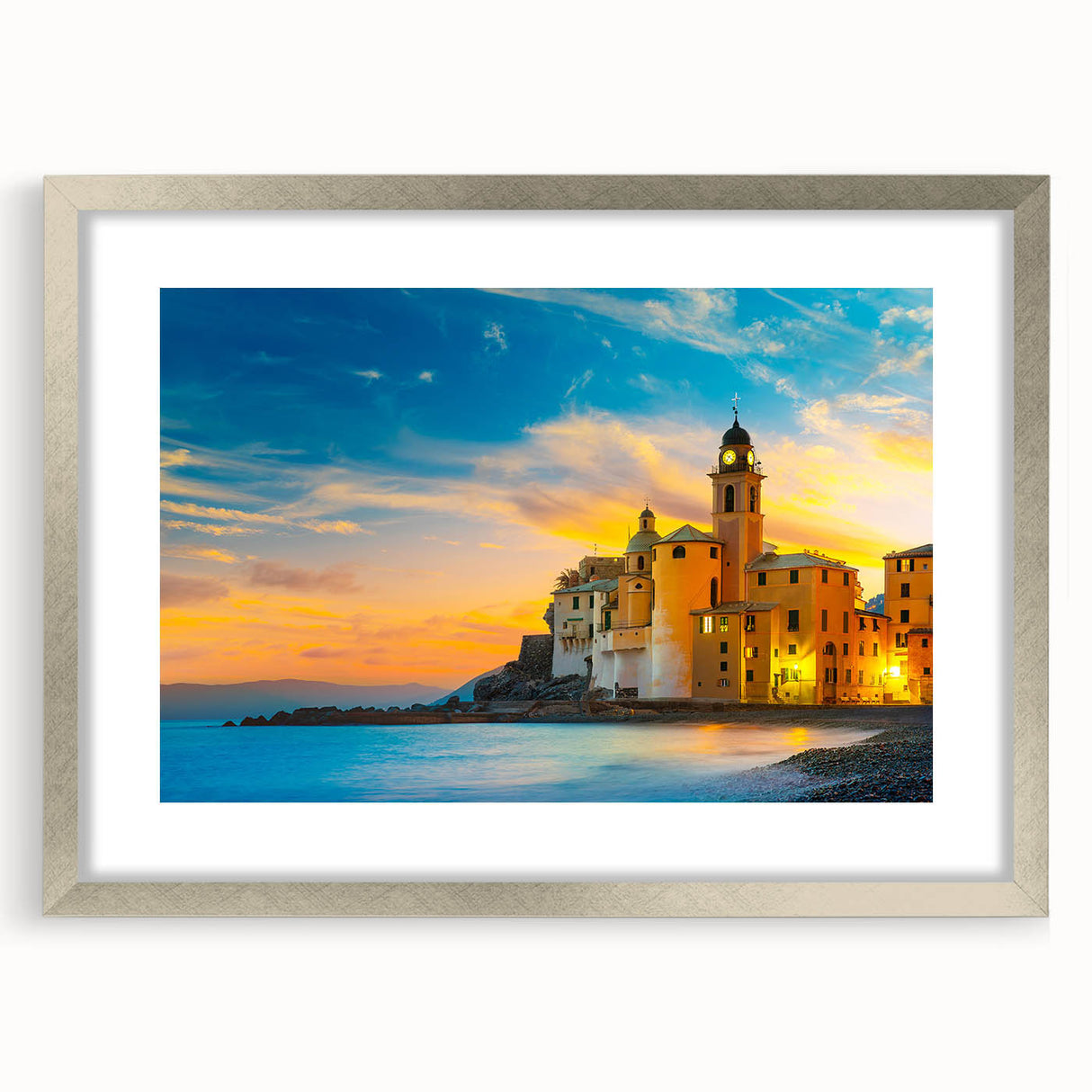 Extra large framed wall art depicting an abstract Cinque Terre scene in textured, muted colors, ideal for living room decor.
